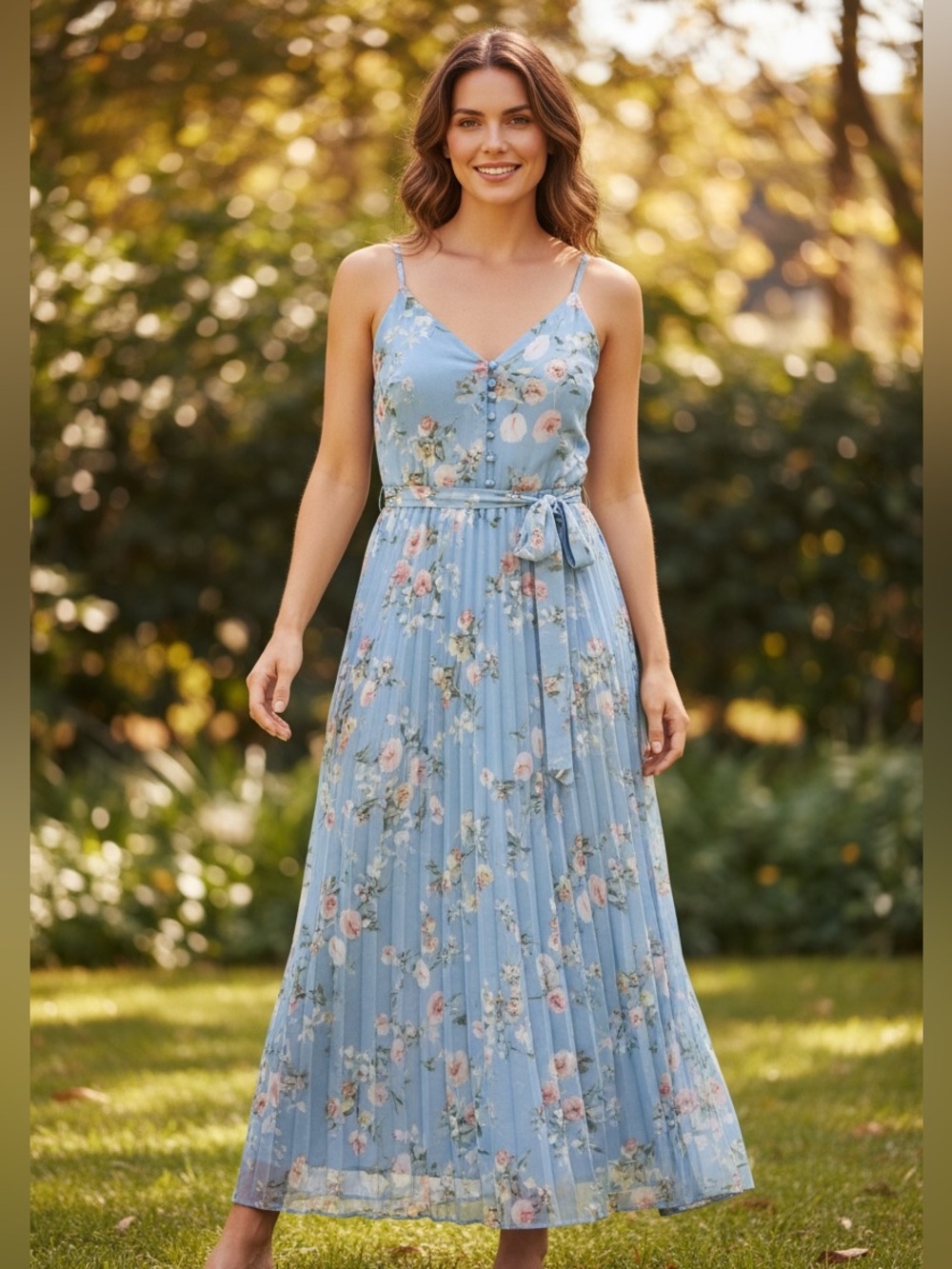 White House Black Market Powder Blue Floral Pleated Tie-Waist Midi Dress
